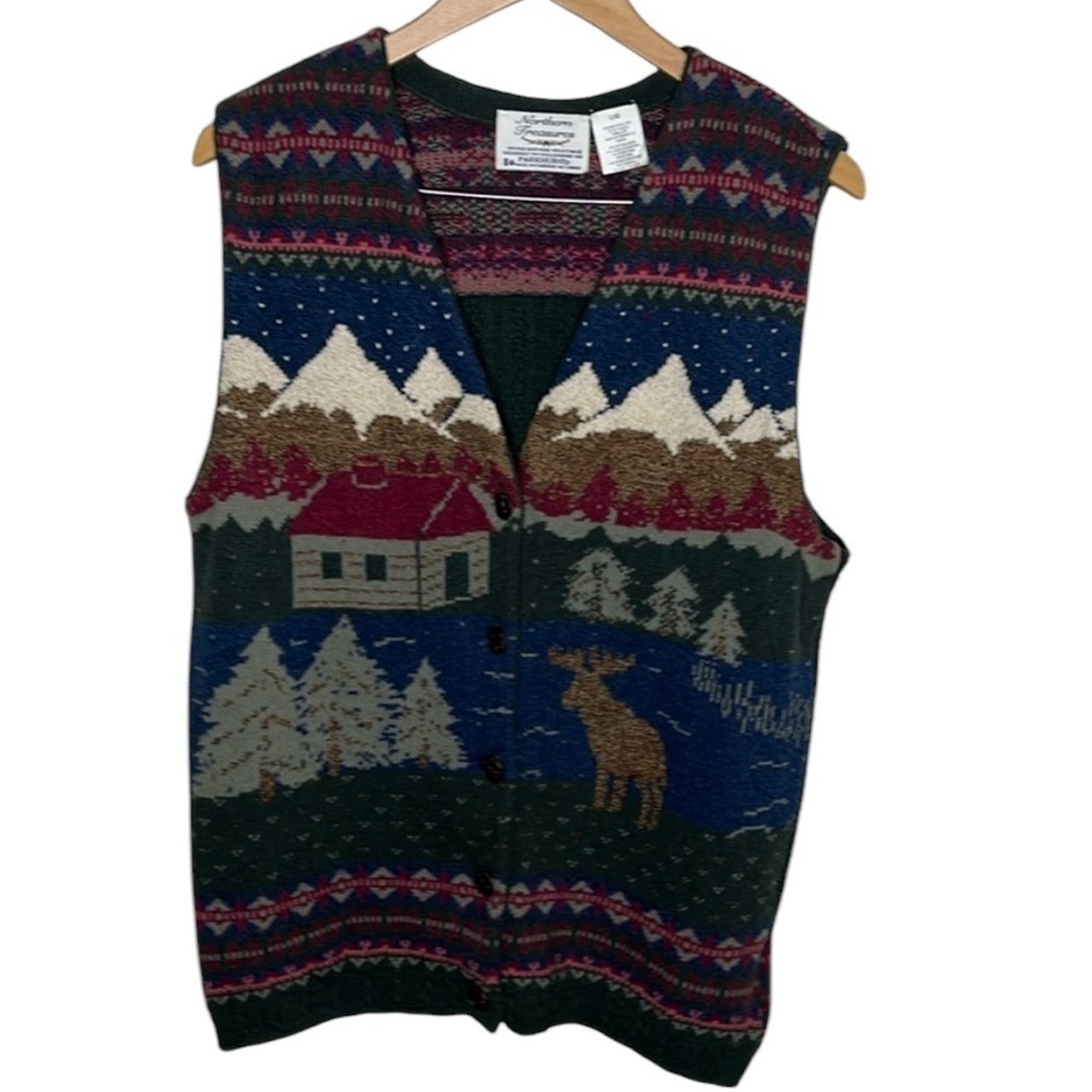 Vintage 90s Northen Treasures Knit Moose Mountain Button Vest Women Size L